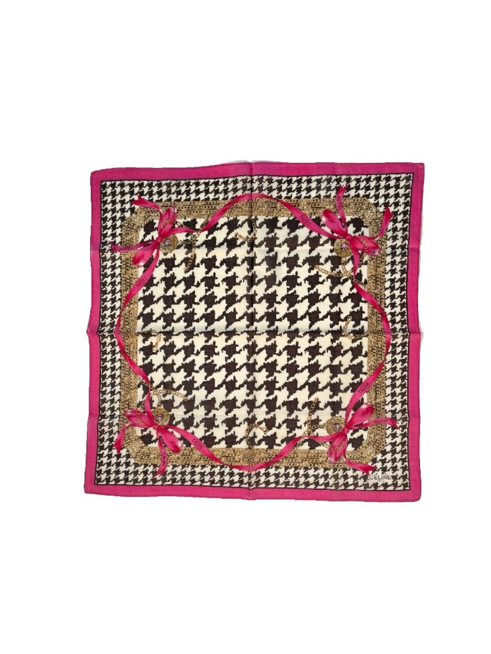 Vintage CELINE Paris Cotton Scarf Houndstooth Chain Print Pink Border 19"